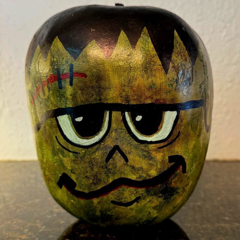 Frankenstein Hand Painted Signed 7" X 6" Fall Halloween Gourd Decor Frankenween*